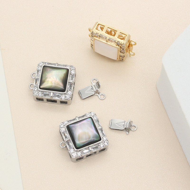 14k镀金天然贝母方形插片珍珠扣