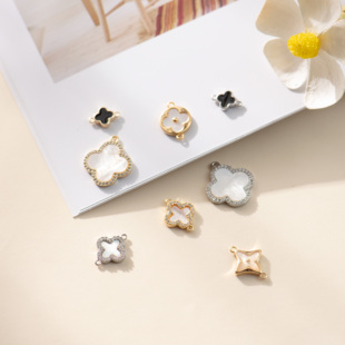 东夏饰品 14k镀金双孔四叶草吊坠 手工diy锆石天然贝母幸运草项坠