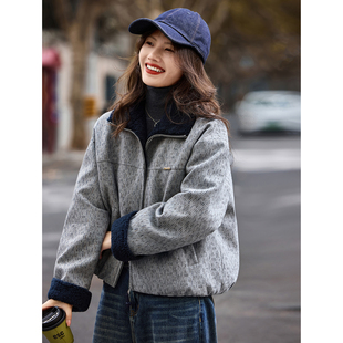 苏醒的乐园90白鸭绒冬季时尚复古小个子拼接短款毛呢羽绒外套