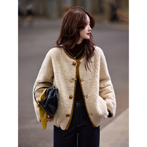 苏醒的乐园复古保暖休闲上衣冬季圆领撞色拼接仿羊羔毛皮草外套