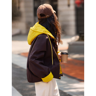 苏醒的乐园90白鸭绒冬季时尚休闲小个子撞色连帽抽绳外套羽绒服