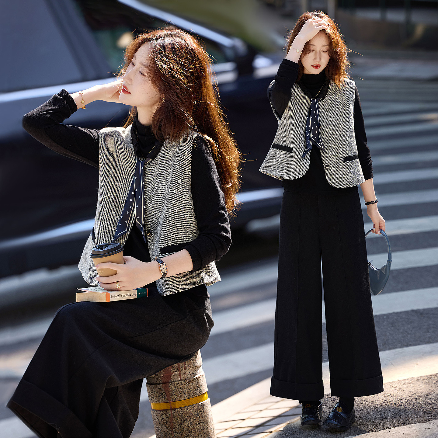 苏醒的乐园时髦套装秋冬时尚气质配丝巾打底马甲长裤通勤三件套,女装/女士精品,时尚套装,淘宝优惠券,粉丝福利购,淘宝优惠卷