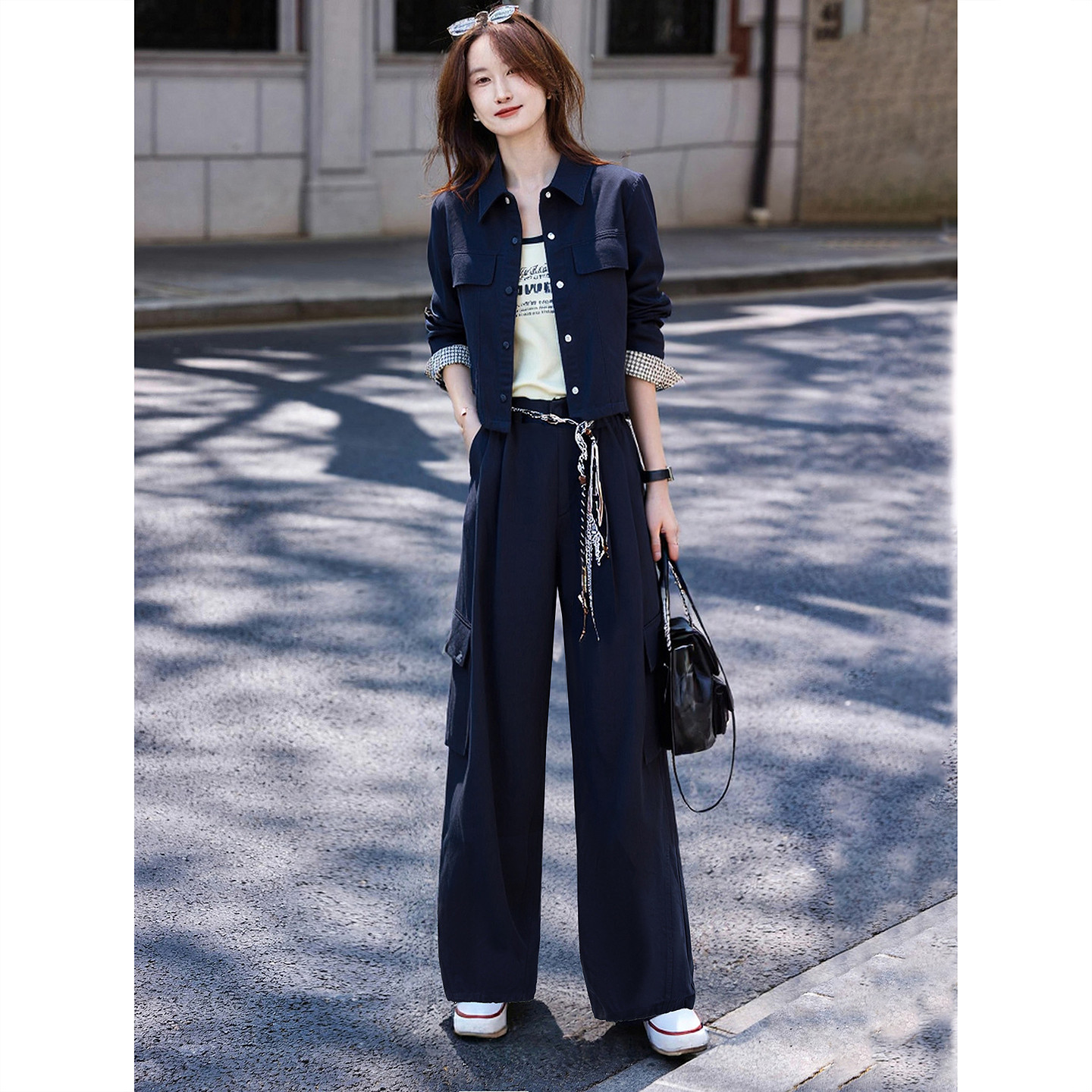 苏醒的乐园休闲三件套秋季背心撞色夹克外套工装直筒阔腿长裤套装