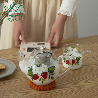 TaeFair 手绘草莓英式高硼硅玻璃蒸煮一体耐热不锈钢滤网花茶壶