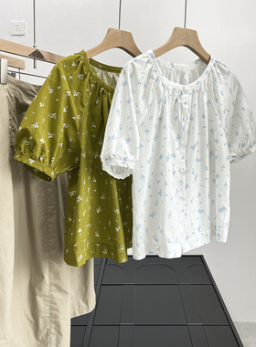 日单女装2025夏款麻混纺泡泡袖衬衫/短袖棉麻衬衣Y475655/477604