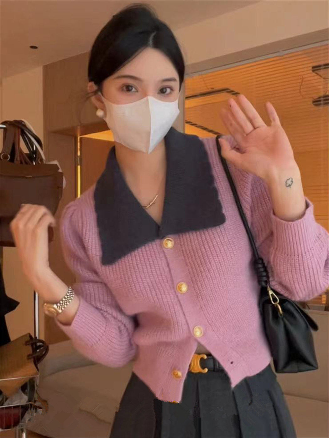 가을 겨울 여성용 XIAOXIANGFENG 핑크 짧은 옷깃 스웨터 두꺼운 게으른 스타일의 겉옷 틈새 세련된 니트 탑