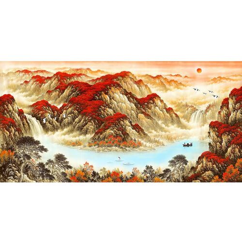 8D中式大气鸿运当头国画山水墙纸客厅沙发办公室招财无缝水墨壁画