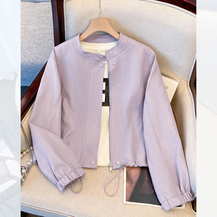 外套 蛋白皮短款 超火韩系紫色小立领PU皮衣夹克女士2026春秋季 新款