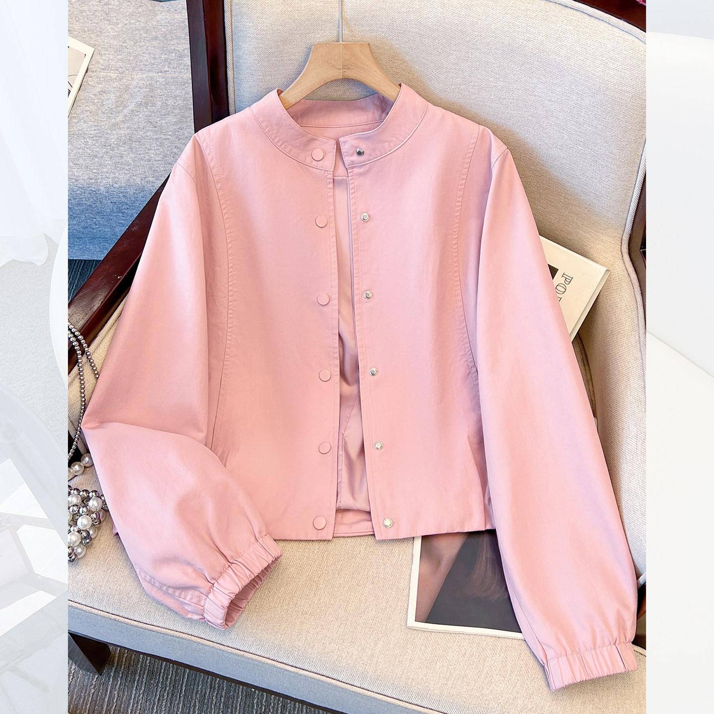 粉色小立领正肩棒球服外套女薄款图片
