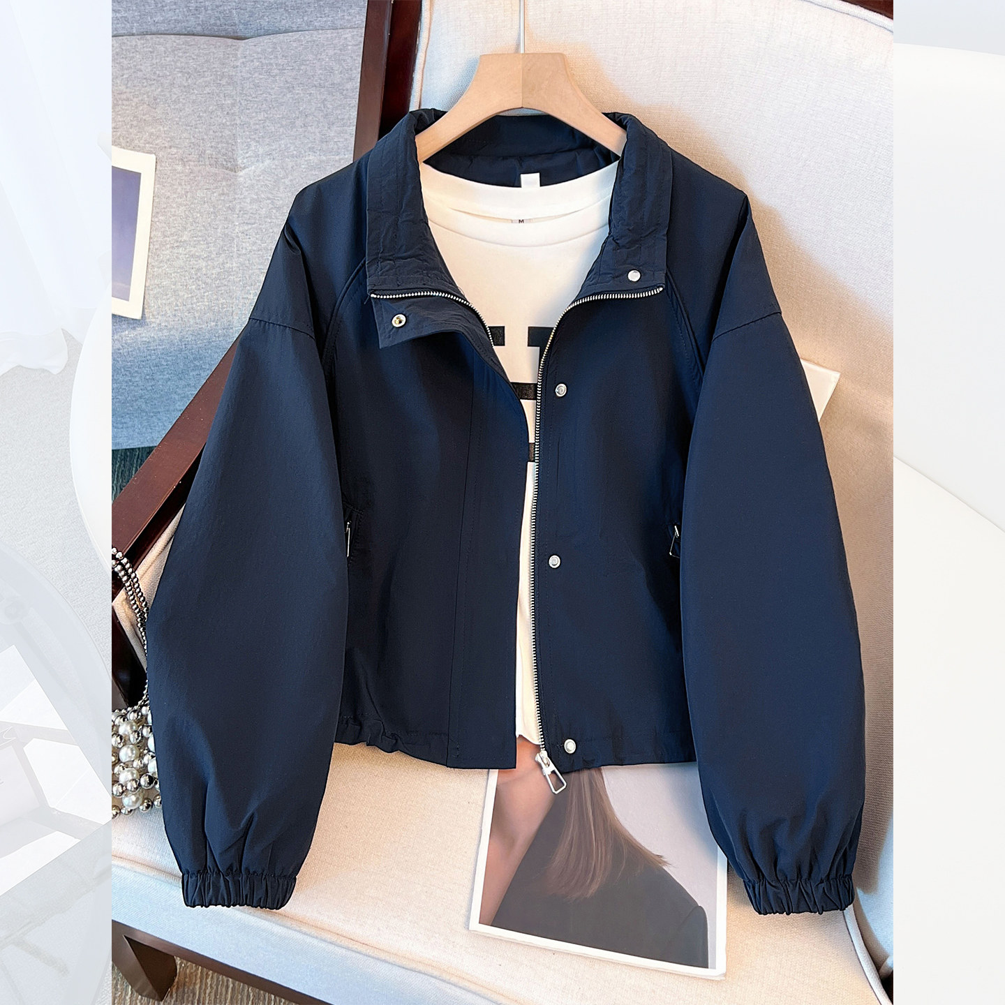 藏青蓝色立领冲锋上衣棒球服外套