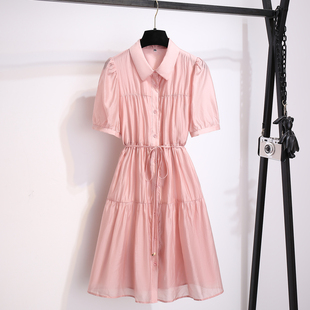 收腰小个子 连衣裙女2026夏新款 特别漂亮粉色polo领泡泡袖 天丝衬衫