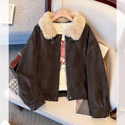 美拉德棕咖色羊羔毛领皮衣外套女