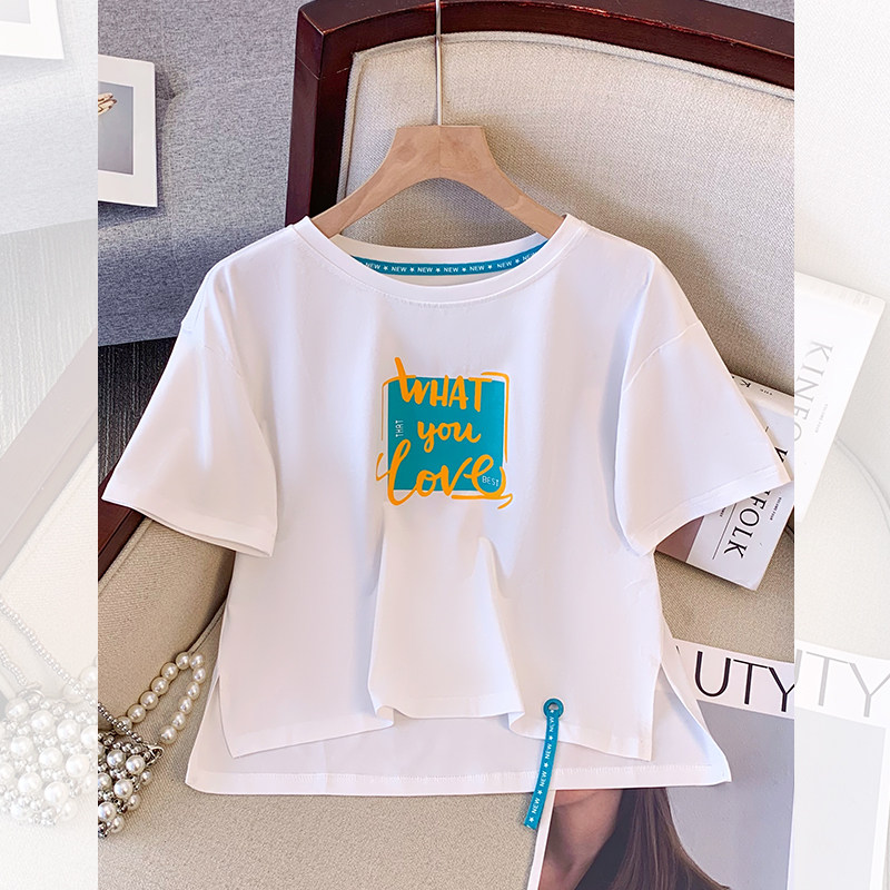前短后长圆领纯棉短袖T恤女2025年夏季新款洋气独特别致短款上衣
