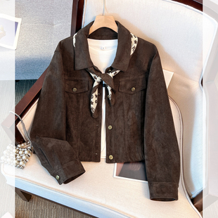 美拉德棕咖色翻领pu皮衣外套女2025早春秋季新款绒面麂皮短款夹克