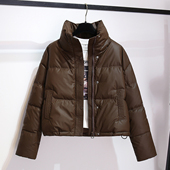 新爆款 超好看咖色免洗PU皮立领短款 羽绒服女2025冬季 面包服外套