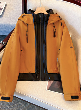 橙色连帽冲锋外套夹棉加厚抓绒衣内胆两件套二合一女2025秋冬新款