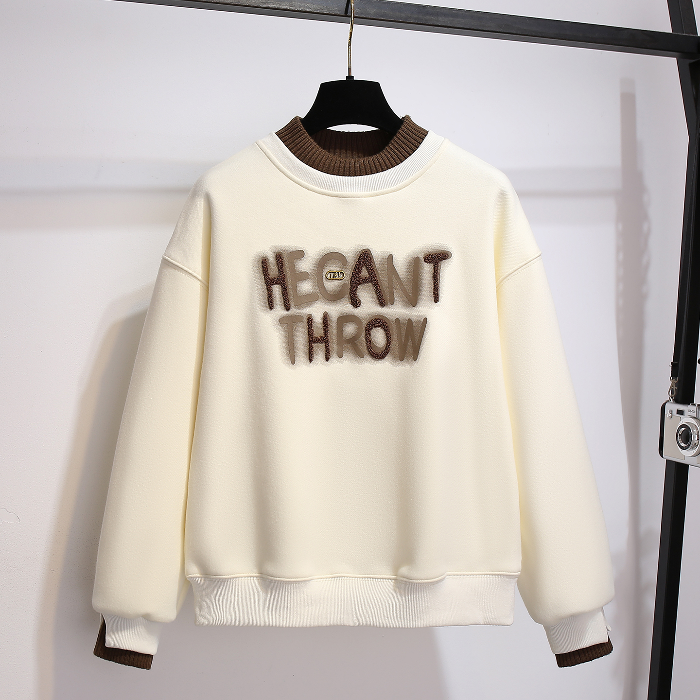 拼接假两件半高领卫衣加绒加厚女