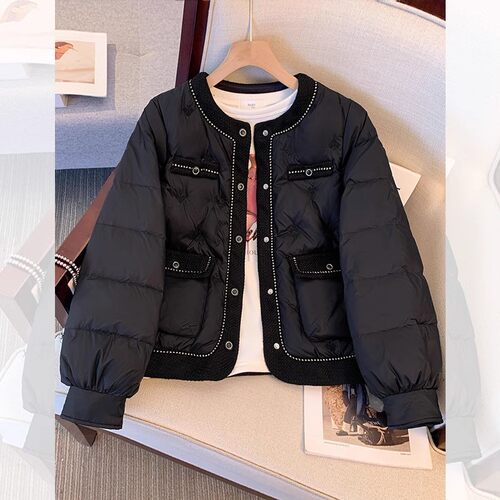 黑色法式小香风棒球服轻薄羽绒服