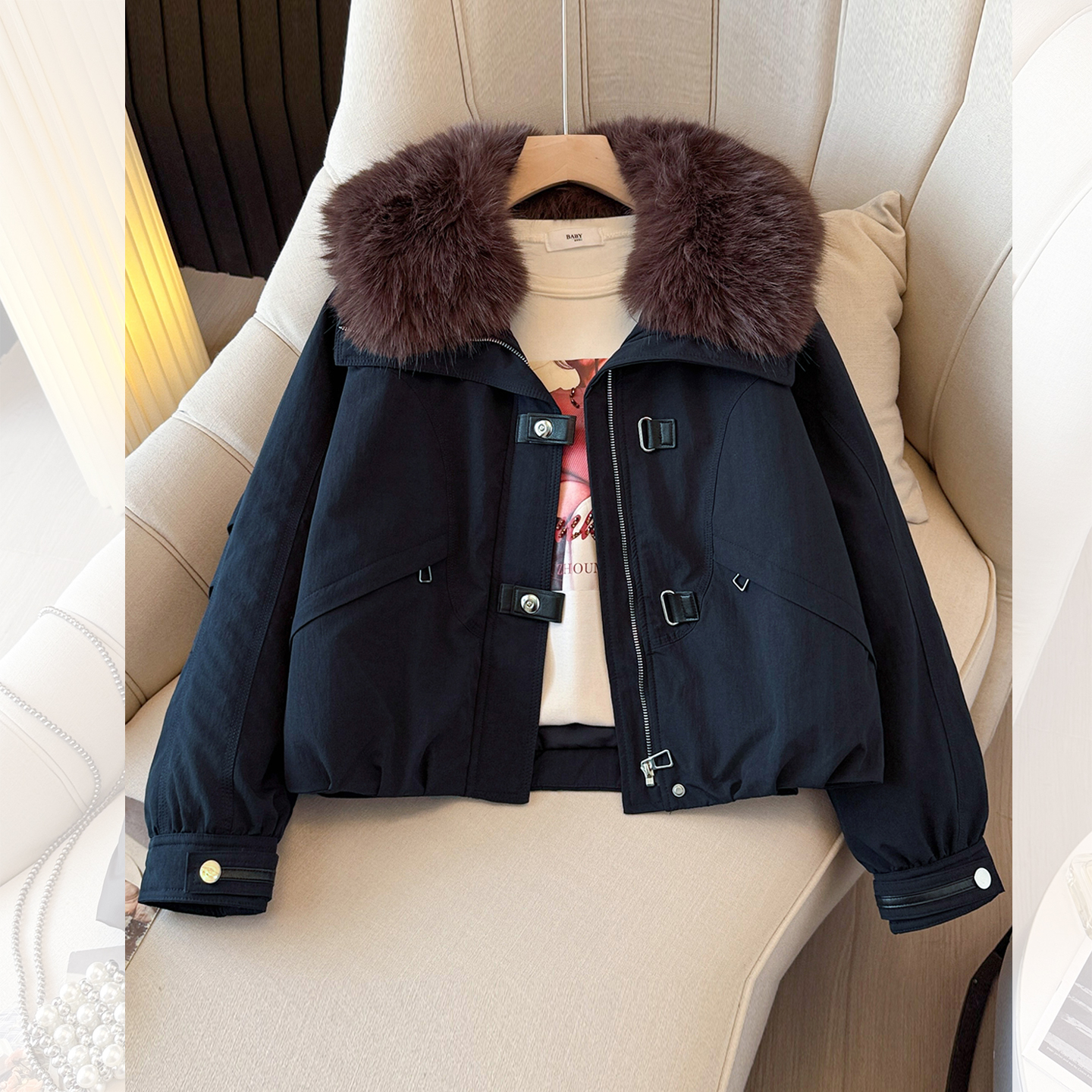 超好看藏青蓝色大毛领派克羽绒服