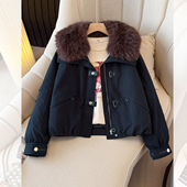 新款 超好看藏青蓝色大毛领派克羽绒服女短款 2025冬装 翻领加厚外套