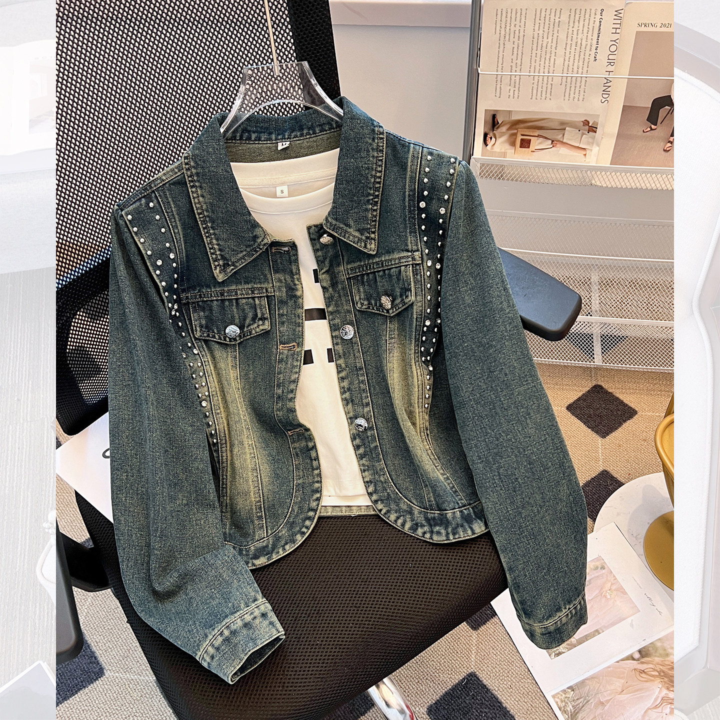 深蓝色重工钉珠牛仔外套女短款2026春秋季新款气质高级感洋气夹克,女装/女士精品,短外套,淘宝优惠券,粉丝福利购,淘宝优惠卷