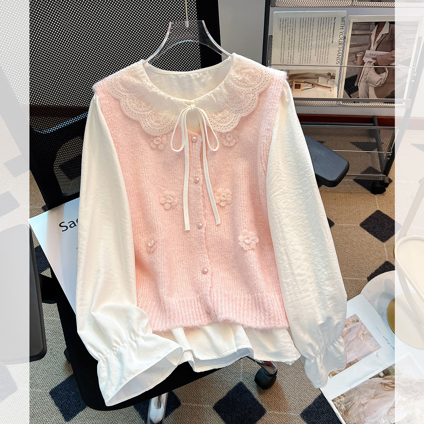 娃娃领荷叶边长袖衬衫配马甲女2026春新款高级感轻奢减龄洋气上衣