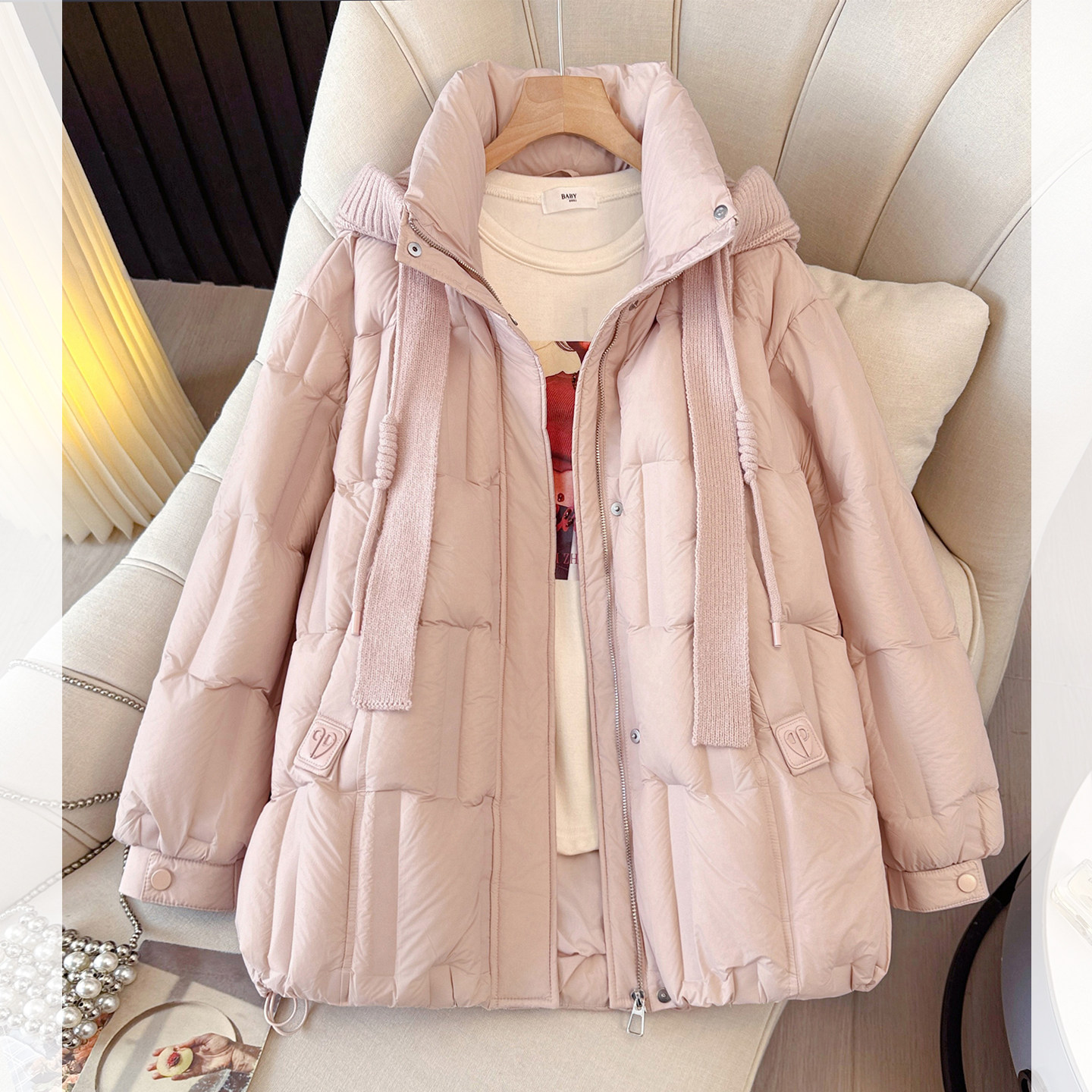 粉色巨好看的针织帽拼接白鸭绒羽绒服女2025深冬新中长款保暖外套,女装/女士精品,羽绒服,淘宝优惠券,粉丝福利购,淘宝优惠卷