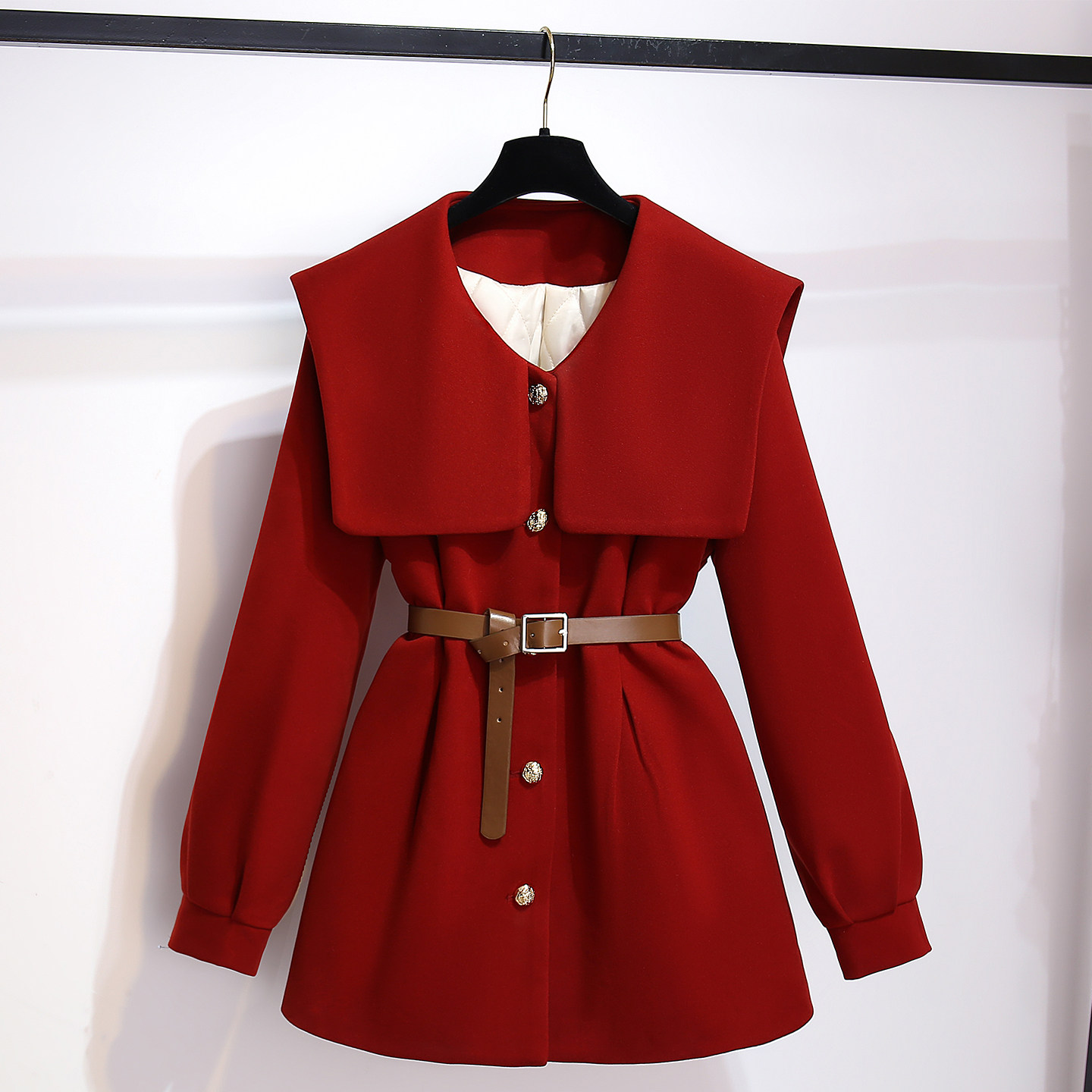 圣诞红色毛呢娃娃领夹棉外套加厚女2025冬季新中长款收腰显瘦大衣,女装/女士精品,毛呢外套,淘宝优惠券,粉丝福利购,淘宝优惠卷