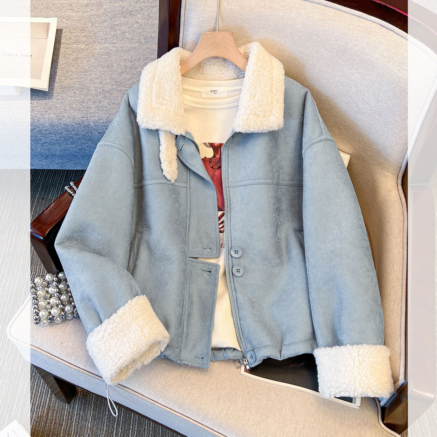 加绒厚小香风羊羔绒皮毛一体外套