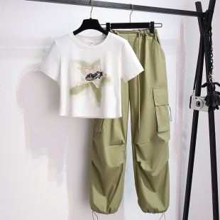 t恤搭配工装 女潮炸街两件套装 阔腿裤 新款 子2026夏季 白色圆领短袖