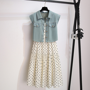 高级感两件套 法式 波点吊带连衣裙外搭无袖 牛仔马甲女2025夏季 新款
