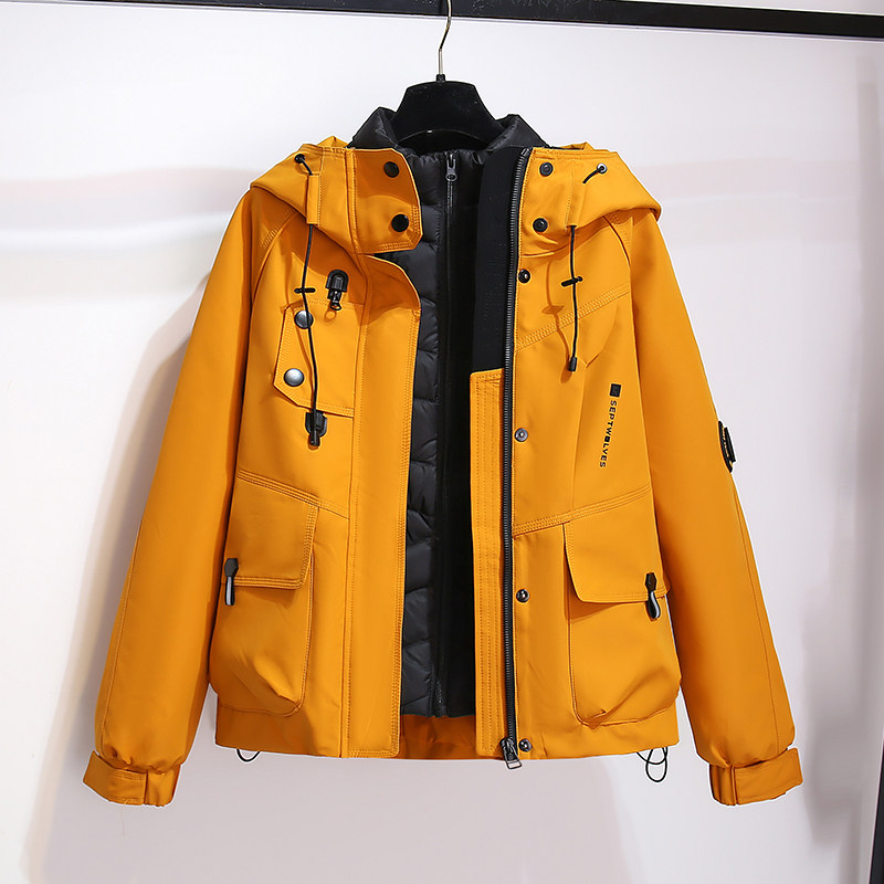 橘色连帽冲锋外套女羽绒派克衣服