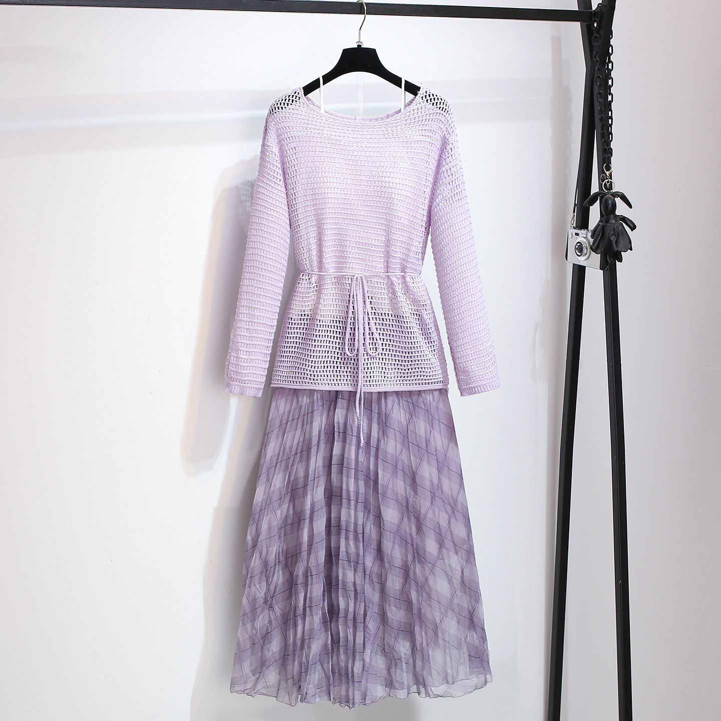 绝美紫色镂空防晒罩衫吊带网纱格子半身裙女春2026初夏新款三件套