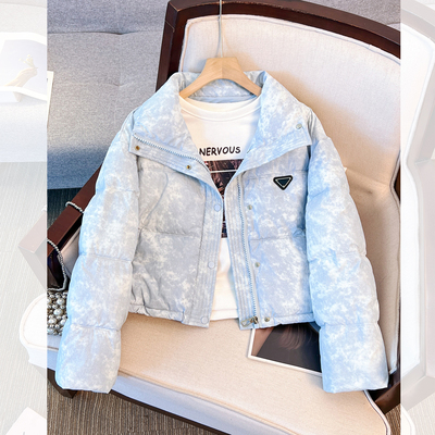 蓝色立领小个子短款羽绒服外套女