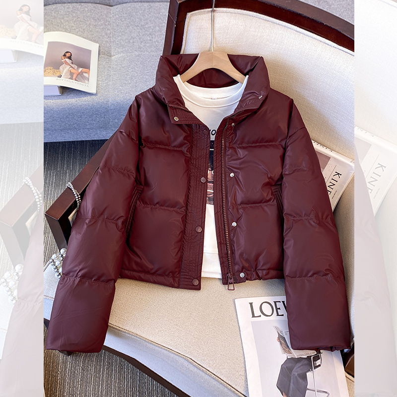 安可拉红立领免洗pu皮短款羽绒服
