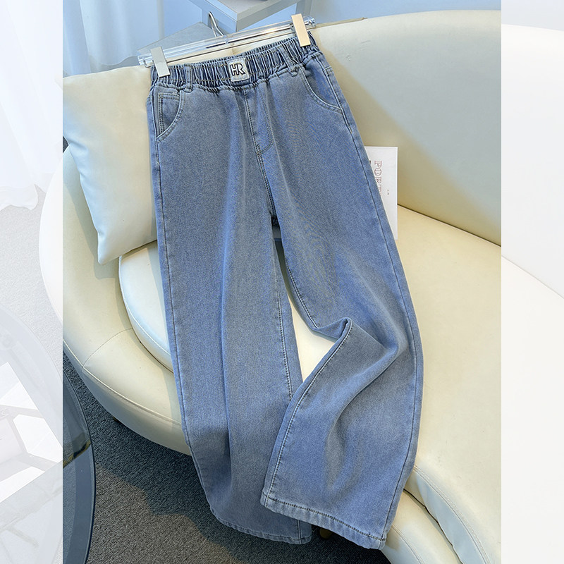 浅蓝色松紧高腰九分阔腿牛仔裤