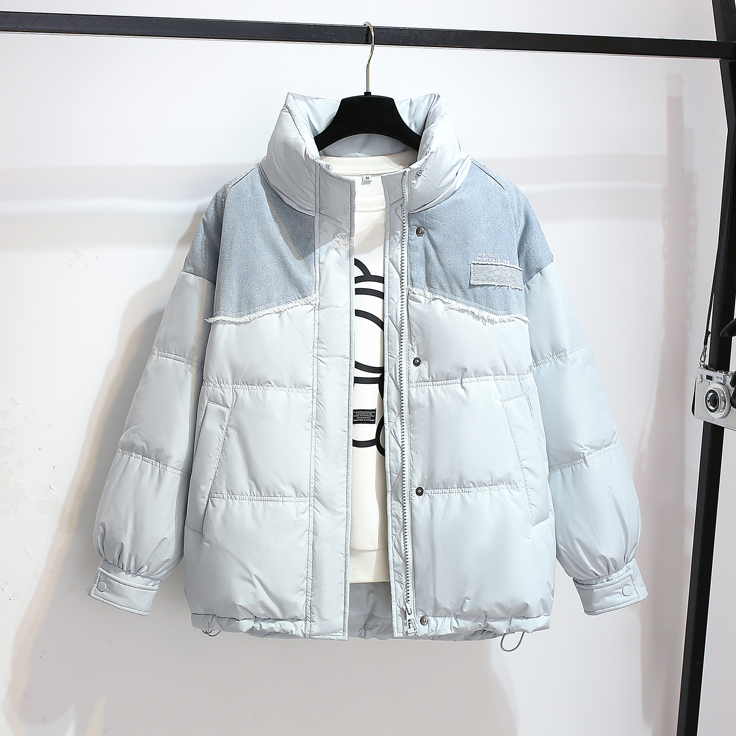 超好看泡芙奶蓝色立领面包羽绒服