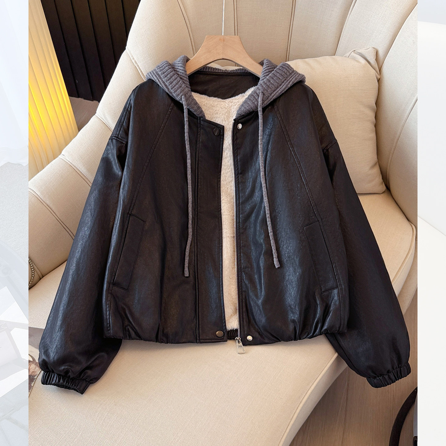 黑色连帽pu皮衣加绒加厚外套夹克