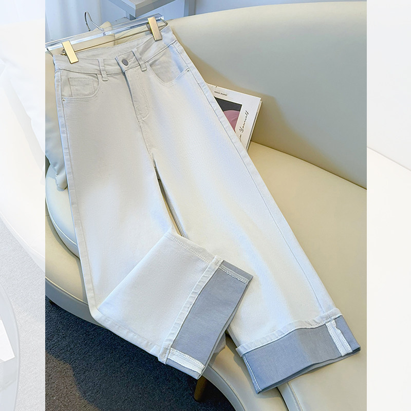 浅石灰白色高腰翻边八九分阔腿牛仔裤女2026春秋新款直筒裤小个子