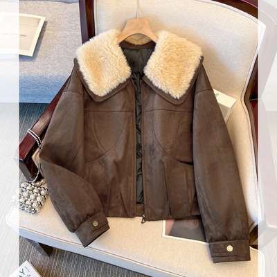 大翻领麂皮厚外套羽绒服白鸭绒女