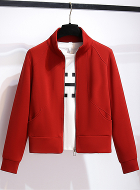 红色立领开衫卫衣拉链外套女2025初春秋新短款爆款休闲棒球服上衣