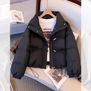 宽松爆款 新款 小个子保暖外套 面包羽绒服女士2025冬季 黑色立领短款