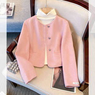 小香风粉色双面绒羊毛呢圆领外套加厚女2025秋冬新款小个子短上衣