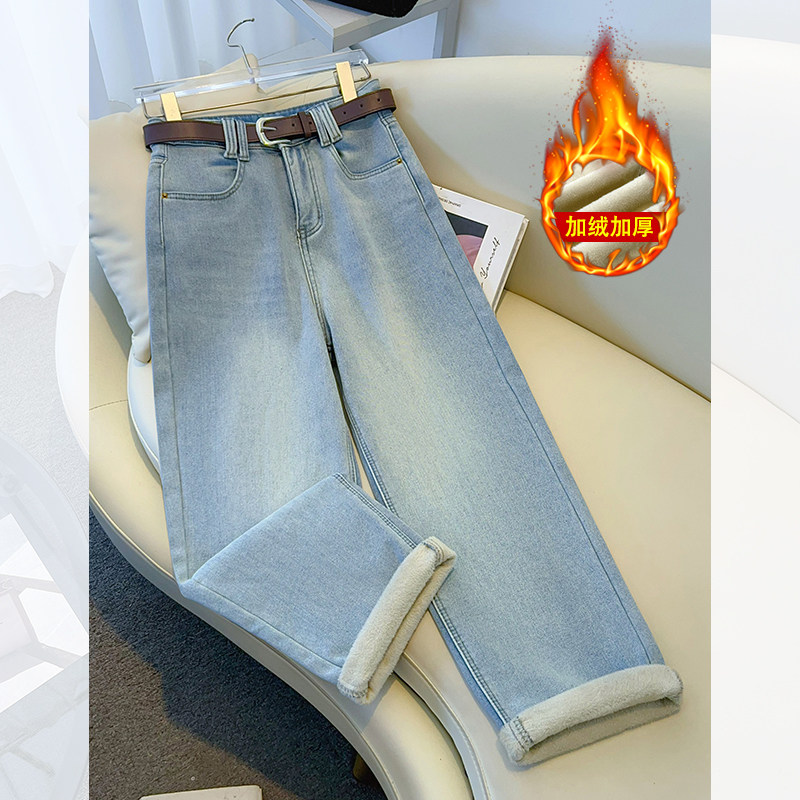 窄版九分阔腿牛仔裤女加绒加厚