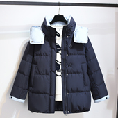 2025冬季 巨好看 藏青蓝色连帽面包羽绒服女中长款 新加厚保暖外套