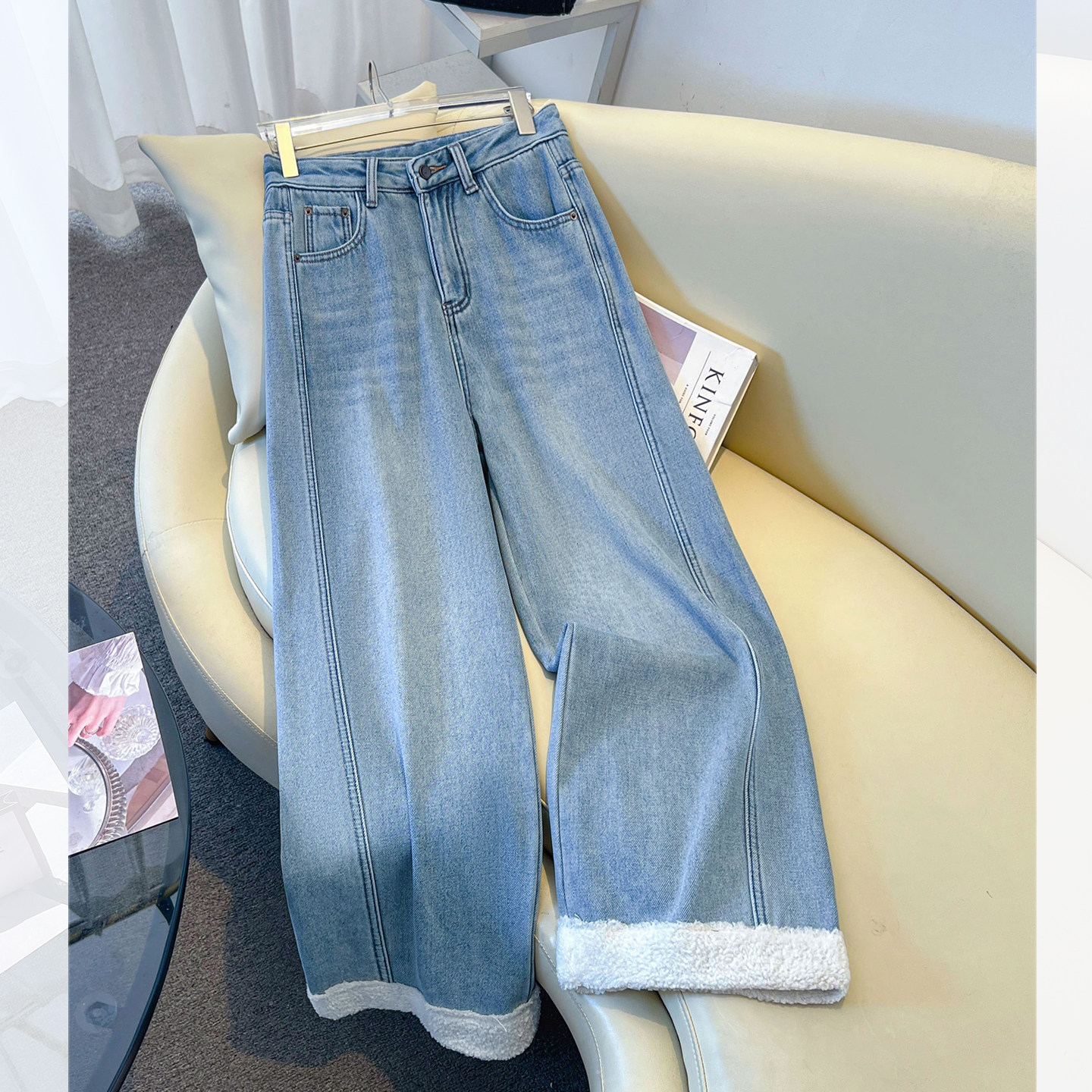 加绒加厚羊羔毛拼接阔腿牛仔裤