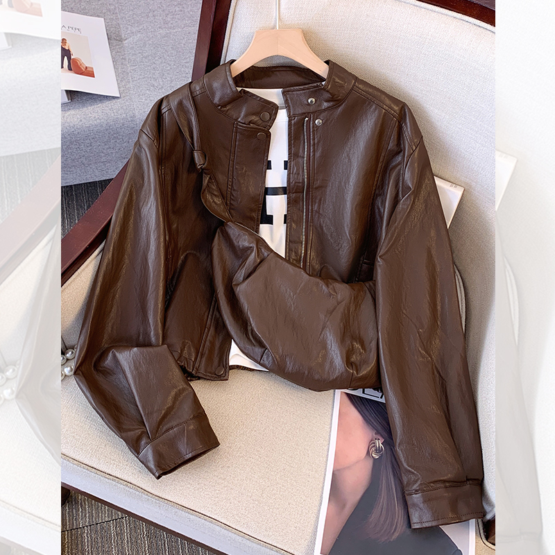 美拉德棕咖色小立领PU皮衣外套女