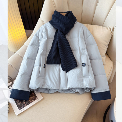 韩系超好看蓝色短款面包羽绒服配