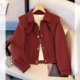 新款 酒红色娃娃领毛呢夹棉开衫 外套加厚女2025秋冬季 超火减龄上衣