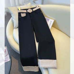 黑色羊羔毛加厚绒阔腿牛仔裤女2025冬季新款加厚九分窄版直筒裤子